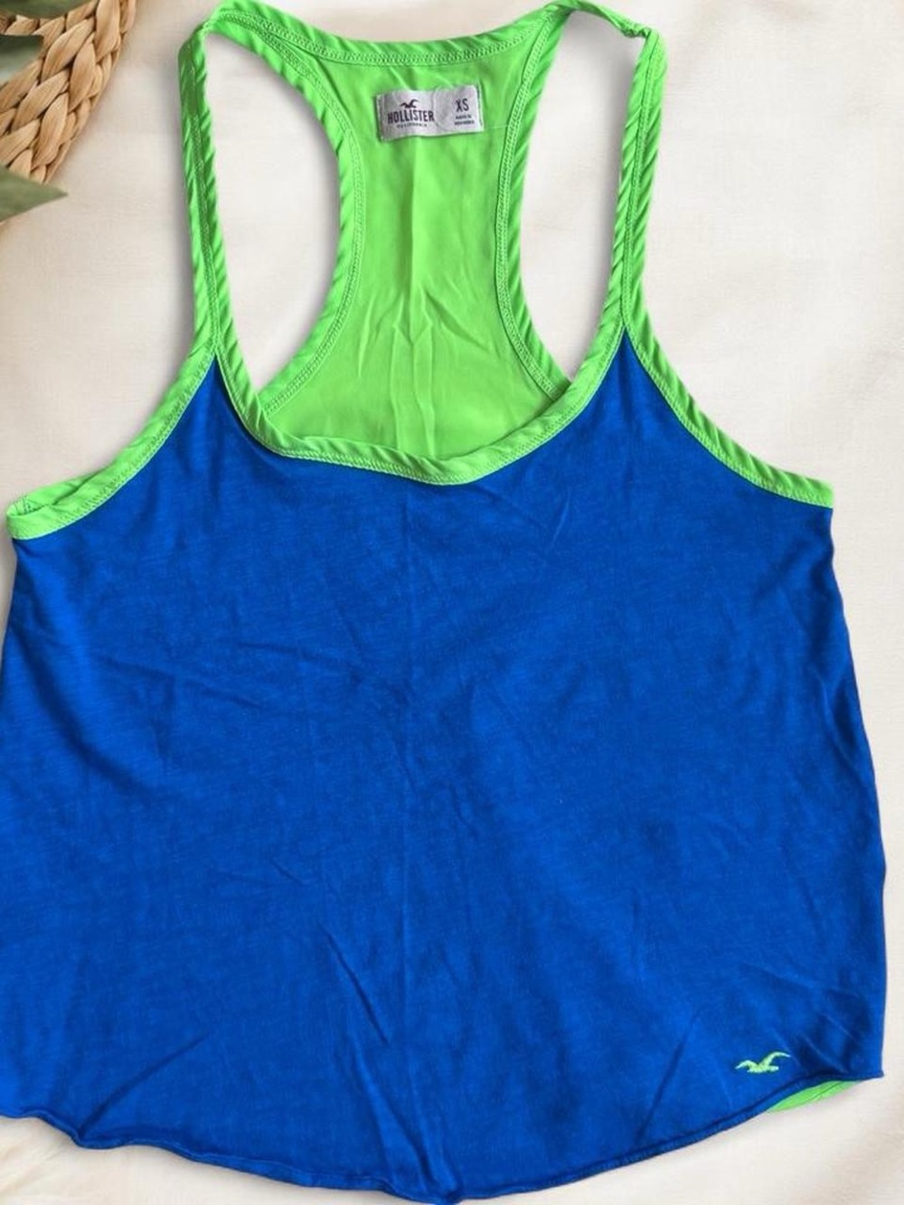 Vintage Hollister XS Women Blue & Lime Green Scoop Neck Racerback Flowy Tank Top